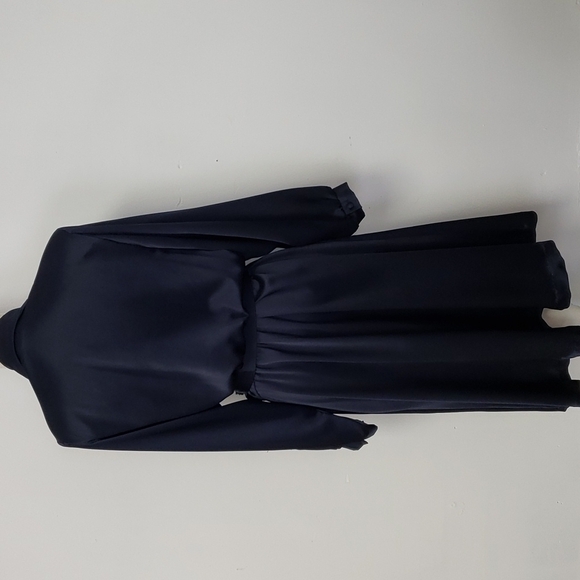 Vintage 80s Alison J. Satin Wrap Surplus Midi Dress Navy Long Sleeve XL VGUC - Picture 6 of 17